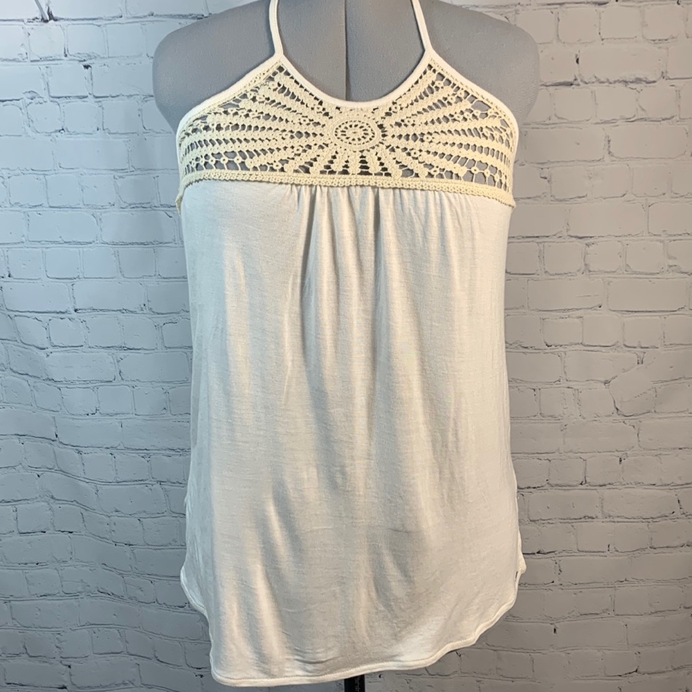 🦋 O'Neill Juniors Palla Knit Halter Top With Crochet at Neck -Cream Sz Med